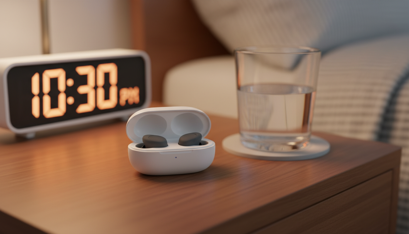 Sleep earbuds charging case on nightstand