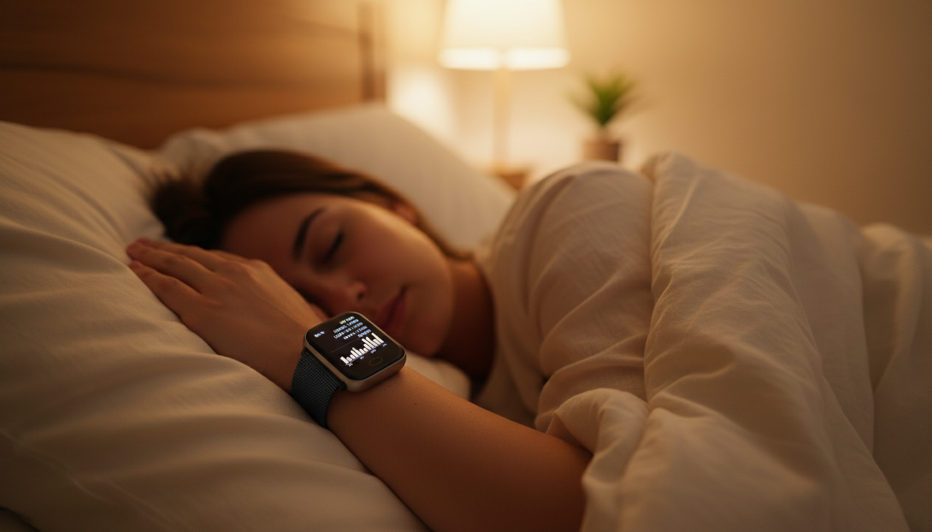 Sleep tracker on wrist showing sleep data
