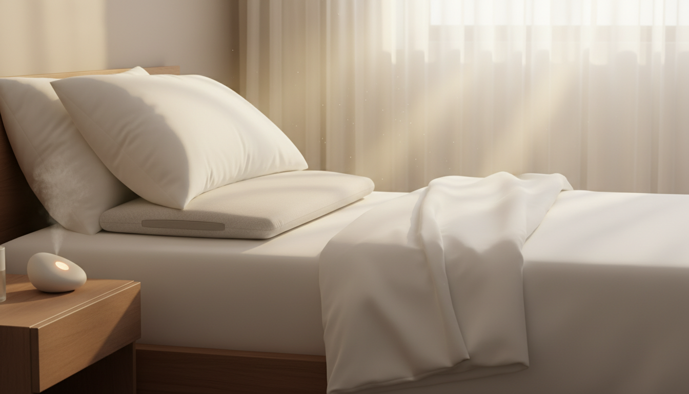Smart Nora pillow insert and pebble controller on nightstand