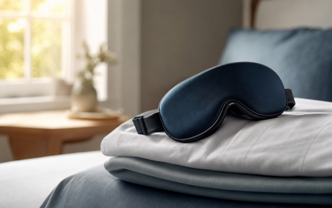 Side sleeper wearing a soft sleep mask in a calm bedroom