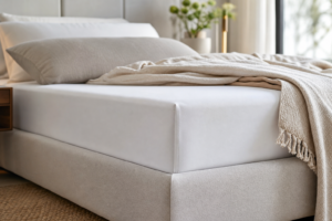 Photo-realistic sleep-health hero image for Bed Scrunchie Review: The Tiny Bedding Annoyance That Can Make a Bed Feel Messy at 2 A.M.