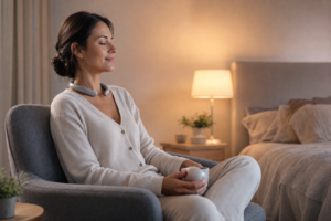 Photo-realistic sleep-health hero image for Pulsetto Review: A Vagus Nerve Wellness Device for the Evening Wind-Down Window