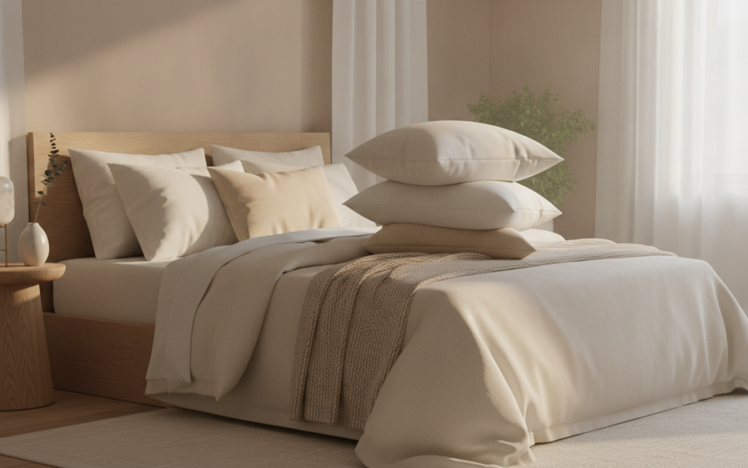 Stack of bed pillows on a neatly made bed, editorial lifestyle image