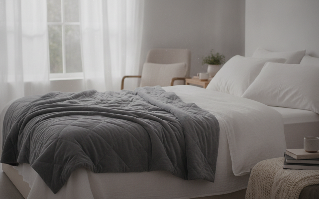 Weighted blanket draped over a bed, editorial lifestyle image