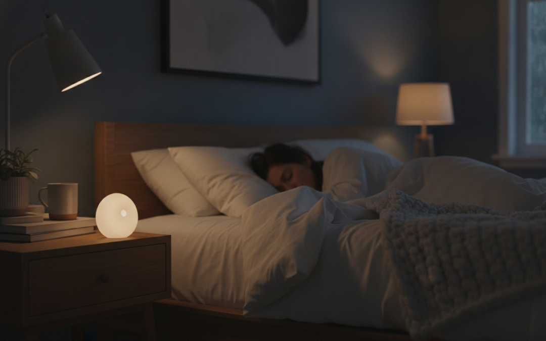 Sound machine glowing on a nightstand, editorial lifestyle image