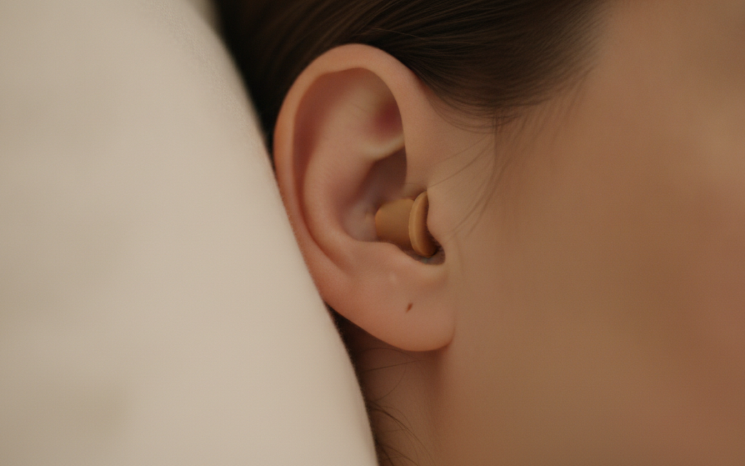 Close-up of an earplug in a sleeping person's ear, editorial lifestyle image
