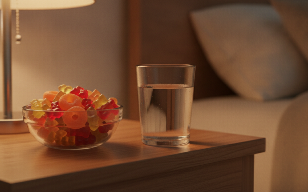 Bowl of gummy vitamins and water glass on a nightstand, editorial lifestyle image