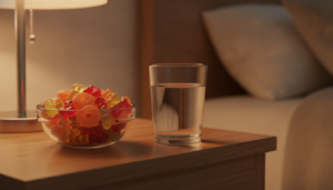Bowl of gummy vitamins and water glass on a nightstand, editorial lifestyle image