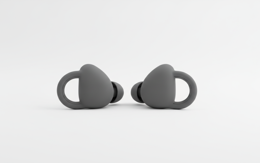 Generic discreet loop-style earplugs, product illustration